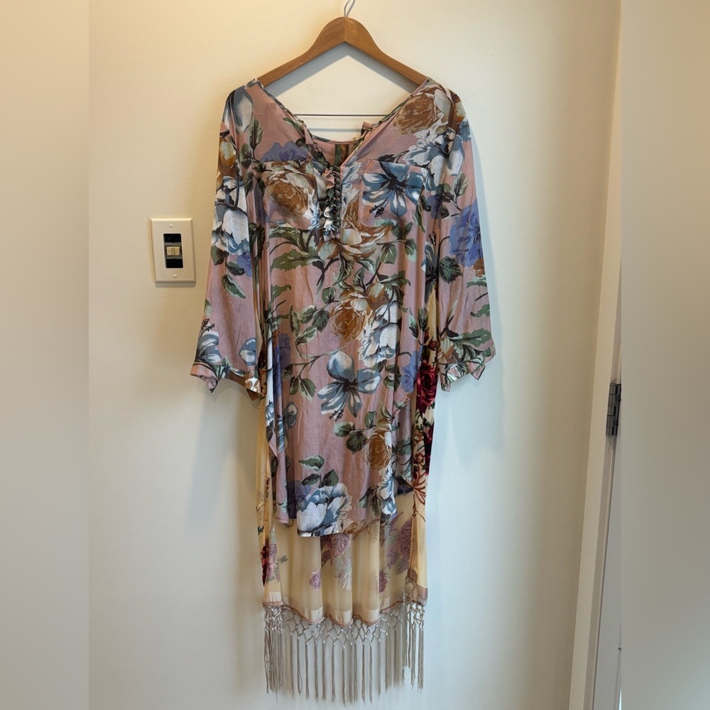 ARATTA SILENT JOURNEY Boho Floral Tunic Burnout Rose back Tassels Size Large
